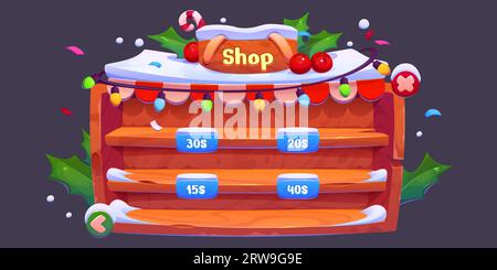 Interface de Noël de boutique de jeux - vecteur de dessin animé ui rack en bois enneigé avec des étagères et des prix. Vider le panneau du magasin. Vitrine fantastique avec neige et plante houx. Conception de l'interface graphique de Noël des affichages de vente au détail. Illustration de Vecteur