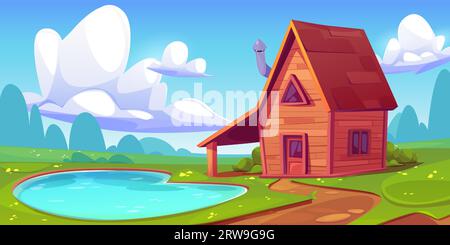 Cabane en bois sur la rive du lac - chemin menant à une petite maison rurale en bois ou une cabane pour des vacances d'été dans la prairie avec de l'herbe verte. Paysage de dessin animé avec chalet ou chalet près de l'étang d'eau et des arbres à l'horizon Illustration de Vecteur