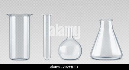 Ensemble de verrerie de laboratoire réaliste isolé sur fond transparent. Illustration vectorielle de bécher de laboratoire, flacons volumétriques, coniques, tube pour expérience scientifique, récipients pour substance chimique Illustration de Vecteur