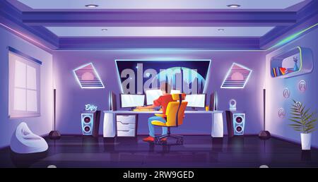 Jeu vidéo teen neon room intérieur de vecteur de dessin animé fond. Garçon Stream jeu sur chaise avec ordinateur portable, clavier et moniteur sur le bureau. Studio streamer avec étagère, affiche, fauteuil et cyber design Illustration de Vecteur