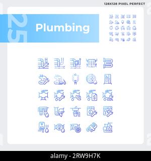 Ensemble d'icônes de plomberie bleu parfait pixel 2D. Illustration de Vecteur
