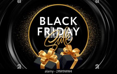 Conception de bannière promotionnelle des ventes Black Friday. Cadeaux 3d, cadre rond en or, paillettes d'or, fond dégradé de flux noir. Illustration vectorielle Illustration de Vecteur