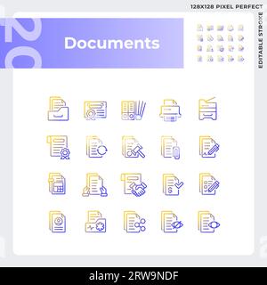 Jeu d'icônes de document dégradé parfait en pixels 2D. Illustration de Vecteur