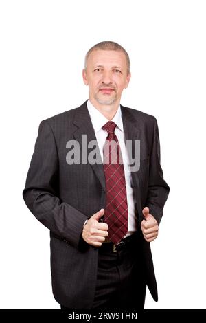 Élégant homme d'affaires mature debout et tenant son costume. Isolé sur blanc Banque D'Images