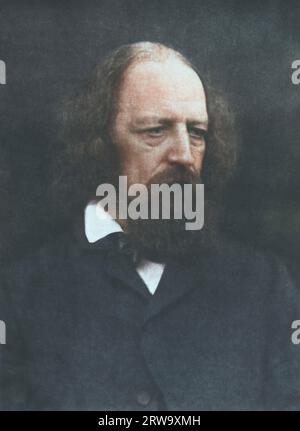 Alfred Tennyson. Ses yeux sont baissés et regardent légèrement vers la droite. Il a une barbe pleine et une moustache. 1866. Photographié par Julia Margaret Camer Banque D'Images