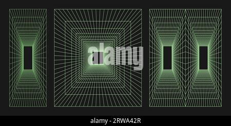 Cyber grille set, tunnel rectangulaire perspective rétro punk. Géométrie de tunnel de maillage sur fond noir. Éléments vectoriels psychédéliques à la mode pour le design Illustration de Vecteur