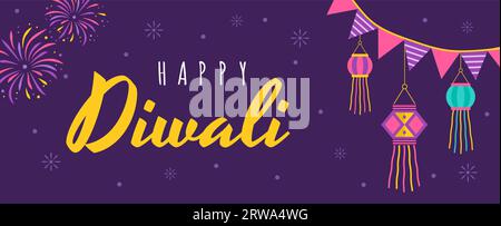 Bannière de salutation Diwali. Fond de vacances pour la fête indienne des lumières de célébration. Illustration vectorielle dans le style de dessin animé plat Illustration de Vecteur
