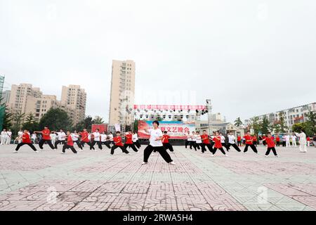 COMTÉ de LUANNAN, province du Hebei, Chine - 8 août 2019 : représentation de Taijiquan sur la place du parc. Banque D'Images