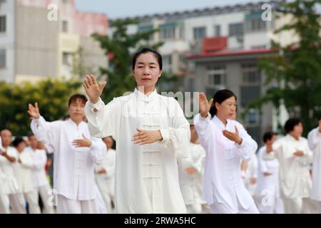 COMTÉ de LUANNAN, province du Hebei, Chine - 8 août 2019 : représentation de Taijiquan sur la place du parc. Banque D'Images