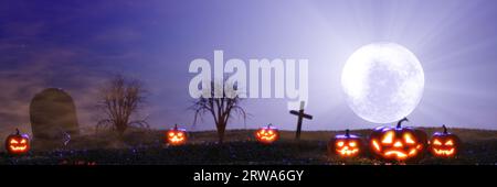 Bannière Halloween. Les o'lanternes de citrouille brillantes de pleine lune croisent des arbres de pierre tombale. Rendu 3D. Banque D'Images