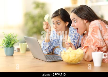 Les femmes surprises regardent les médias sur ordinateur portable manger des chips à la maison Banque D'Images