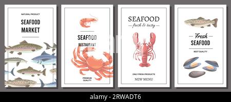 Cartes de fruits de mer. Le menu du restaurant et du café couvre le modèle, le poisson frais, les crabes et les crustacés, de délicieuses bannières alimentaires saines, des produits océaniques, des dessins animés Illustration de Vecteur
