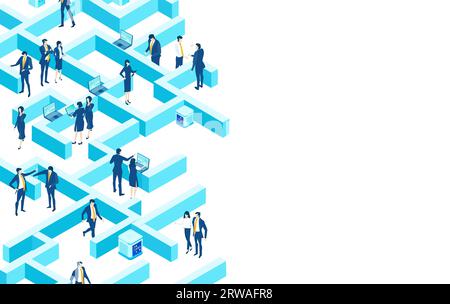 Environnement commercial labyrinthe 3D isométrique. Gestion commerciale. Espace isométrique, gens d'affaires dans le labyrinthe travaillant ensemble, résolvant les problèmes Banque D'Images