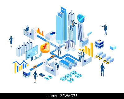 Affaires, logistique, banque, investissements dans la ville. Gens d'affaires travaillant sur des problèmes logistiques. Environnement économique isométrique Banque D'Images