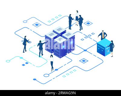 Environnement économique isométrique. Espace de la salle de serveurs, les gens d'affaires travaillant ensemble, générant du contenu frais et partageant des idées Banque D'Images