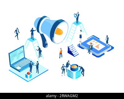 Les gens d'affaires travaillant autour du mégaphone, le contrôle, discutant de l'affaire. Iconographique isométrique de l'espace de travail des entreprises avec les gens Banque D'Images