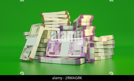 Beaucoup de piles de notes de roupie indienne. Beaucoup d'argent isolé sur fond vert. rendu 3d des paquets de trésorerie Banque D'Images