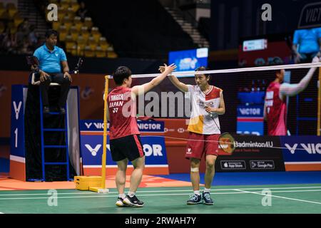 Hong Kong, Chine. 17 septembre 2023. Akane Yamaguchi, du Japon, joue lors de la finale féminine en simple contre Zhang Yi Man, de Chine, lors de la sixième journée du VICTOR Hong Kong Open Badminton Championships 2023 au Hong Kong Coliseum. Score final ; Japon 2:1 Chine. Crédit : SOPA Images Limited/Alamy Live News Banque D'Images