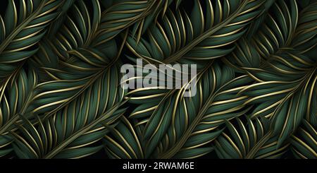 Un fond vibrant avec un motif de feuilles ornementales dans les tons de vert et d'or sur un fond sombre Banque D'Images