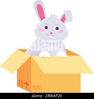 Petit adopter le lièvre à oreilles se trouve dans une boîte en carton pour cadeau d'anniversaire. Lapin sans abri. Animaux de compagnie et concept de soins des animaux. Illustration de dessin animé vectoriel isolé o Illustration de Vecteur