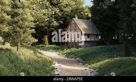 Maison médiévale solitaire dans les bois près du sentier entouré d'arbres, de pins et de sapins, paysage. rendu 3d. Banque D'Images