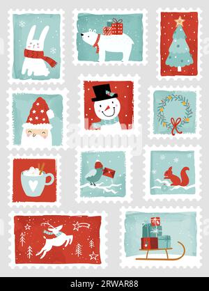 Beaux timbres de Noël dessinés à la main, style Cartoon, éléments décoratifs. Jeu d'illustrations d'autocollants vectoriels de vacances Illustration de Vecteur