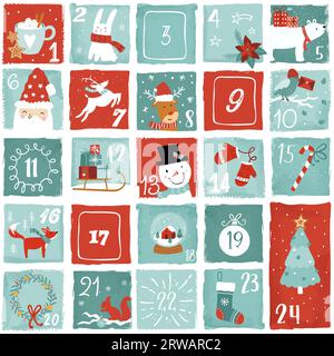 Mignon calendrier de l'AVENT de Noël dessiné à la main. Beaux dessins doodle, conception vectorielle Illustration de Vecteur