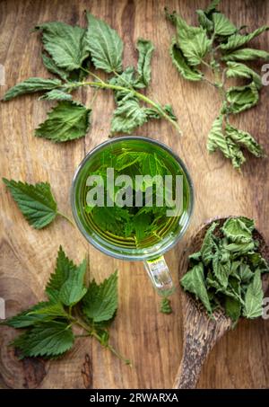 Vue ci-dessus de la tisane à base d'Urtica dioica sec, connu sous le nom d'ortie commune, brûler l'ortie ou piquer les feuilles d'ortie dans une tasse en verre transparent. Planche de bois. Banque D'Images