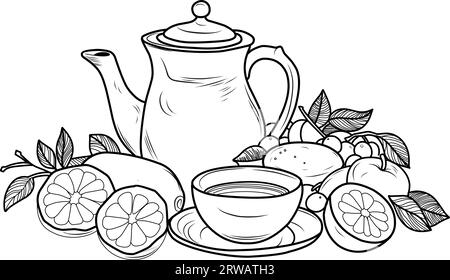 Page de coloriage théière avec des tasses de thé et de citron. Petit déjeuner nature morte Illustration de Vecteur