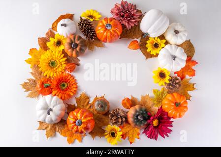 Vacances d'automne et fond de vente. Carte de voeux pour Thanksgiving. Citrouilles multicolores, feuilles et fleurs d'automne, cônes de glands, décor sur un blanc Banque D'Images