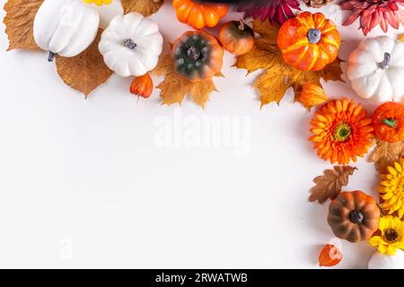 Vacances d'automne et fond de vente. Carte de voeux pour Thanksgiving. Citrouilles multicolores, feuilles et fleurs d'automne, cônes de glands, décor sur un blanc Banque D'Images