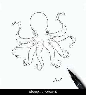 Octopus créature marine dessin dans le style de ligne de plume sur fond blanc Illustration de Vecteur
