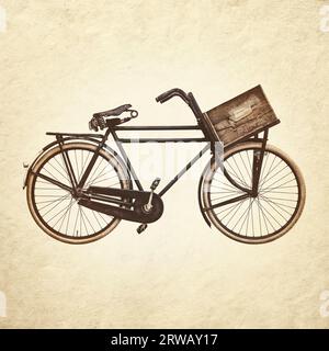 Image tonique sépia d'un vélo cargo noir vintage avec une vieille caisse de transport en bois Banque D'Images