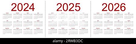 Calendriers vectoriels modifiables simples pour l'année 2024 2025 2026. La semaine commence à partir du dimanche. Illustration vectorielle isolée sur fond blanc. Illustration de Vecteur