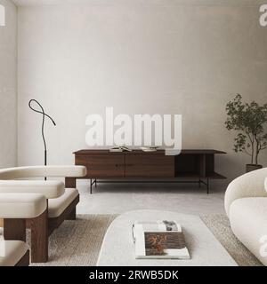 Salon beige Boho avec fond végétal vert. Intérieur naturel japonais moderne et léger. rendu 3d. Illustration 3D de haute qualité Banque D'Images
