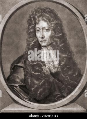 Robert Boyle, 1627 - 1691. Chimiste anglo-irlandais, philosophe naturel, physicien et inventeur. D'après un tirage de Pieter Schenk. Banque D'Images