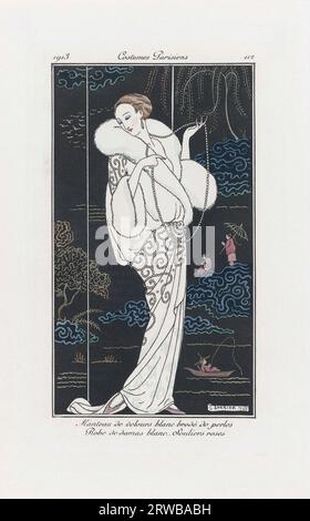 Manteau en velours blanc brodé de perles. Robe blanche damassée. Chaussures roses. Imprimé du magazine de haute couture Journal des Dames et des modes, publié du 1 juin 1912 au 1 août 1914. D'après une œuvre de l'illustrateur français George Barbier, 1882 - 1932. Banque D'Images