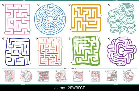 Illustration des graphiques d'activités de puzzle labyrinthe avec des solutions Illustration de Vecteur