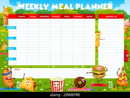 Planificateur de repas hebdomadaire, personnages de fast-food de bande dessinée, plan de nourriture vecteur. Cheeseburger, pizza et sandwich hot-dog sur le yoga fitness avec Taco dans le plan de régime et calendrier de repas de semaine avec liste de courses Illustration de Vecteur