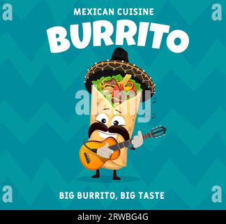 Dessin animé burrito mariachi musicien personnage avec guitare. Bannière promo Vector pour tex mex restaurant de nourriture avec drôle moustaché repas latino personage porter sombrero jouant guitarron traditionnel Illustration de Vecteur