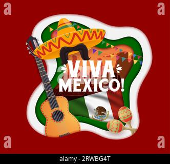 Bannière découpée en papier Viva Mexico avec drapeau mexicain national, sombrero, guitare et maracas, fond vectoriel. Affiche sur la culture et les traditions du Mexique avec sombrero et moustaches, maracas et drapeaux à banderole Illustration de Vecteur