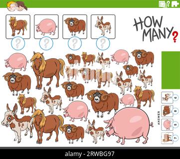 Illustration de dessin animé de l'activité éducative de comptage avec des personnages d'animaux de ferme Illustration de Vecteur