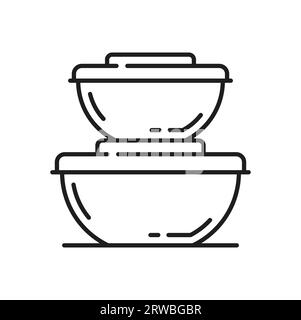 Boîtes rondes récipients en plastique, récipient alimentaire en verre pour soupe et salade icône de contour de livraison. Récipient de tasse de papier vecteur pour crème glacée et desserts Illustration de Vecteur