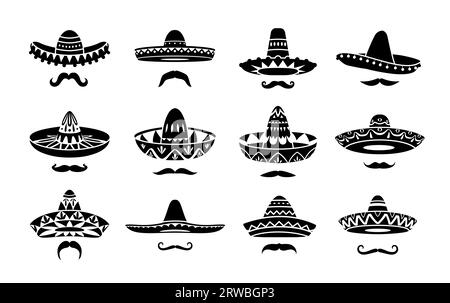 Icônes mexicaines de chapeau de sombrero et moustaches. Vecteurs charro, casquettes de musicien de cow-boy ou mariachi et signes de whisker représentant la culture, le folklore et les traditions du Mexique. Éléments festifs en noir et blanc Illustration de Vecteur