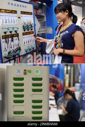 (230918) -- NANNING, 18 septembre 2023 (Xinhua) -- cette photo combinée montre une femme chargeant son téléphone portable dans une borne de recharge en libre-service à la 5e exposition Chine-ASEAN (ci-dessus, photo prise par le photographe Xinhua Zhang Ailin le 25 octobre 2008) et un dispositif de location de banque de puissance partagée à la 20e exposition Chine-ASEAN (ci-dessous, photo prise par le photographe Xinhua lu Boan le 18 septembre 2023) à Nanning, dans la région autonome de Guangxi Zhuang, dans le sud de la Chine. La 20e Expo Chine-ASEAN se tient à Nanning du 16 au 19 septembre, avec près de 2 000 entreprises présentes. Depuis la première Expo Chine-ASEAN a eu lieu en 2004, le Banque D'Images