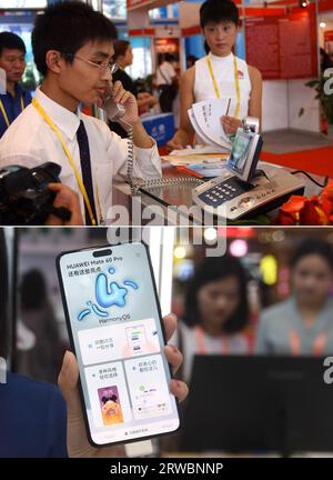 (230918) -- NANNING, 18 septembre 2023 (Xinhua) -- cette photo combinée montre un exposant affichant un téléphone à la 2e exposition Chine-ASEAN (ci-dessus, photo prise par le photographe Xinhua Liu Guangming le 19 octobre 2005) et un membre du personnel présentant un téléphone intelligent à la 20e exposition Chine-ASEAN (ci-dessous, photo prise par le photographe Xinhua lu Boan le 18 septembre 2023) à Nanning, dans la région autonome de Guangxi Zhuang, dans le sud de la Chine. La 20e Expo Chine-ASEAN se tient à Nanning du 16 au 19 septembre, avec près de 2 000 entreprises présentes. Depuis la première Expo Chine-ASEAN a eu lieu en 2004, l'événement a activement construit Banque D'Images