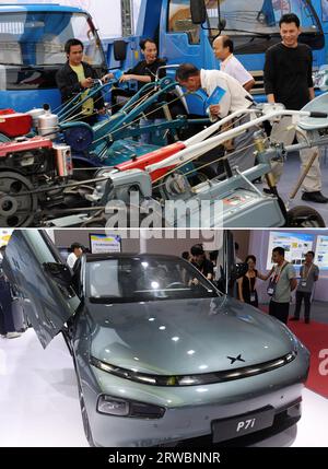 (230918) -- NANNING, 18 septembre 2023 (Xinhua) -- cette photo combinée montre des gens regardant des tracteurs à la 5e exposition Chine-ASEAN (ci-dessus, photo prise par le photographe Xinhua Liu Guangming le 25 octobre 2008) et des gens regardant une voiture à la 20e exposition Chine-ASEAN (ci-dessous, photo prise par le photographe Xinhua lu Boan le 18 septembre 2023) à Nanning, dans la région autonome de Guangxi Zhuang, dans le sud de la Chine. La 20e Expo Chine-ASEAN se tient à Nanning du 16 au 19 septembre, avec près de 2 000 entreprises présentes. Depuis la première Expo Chine-ASEAN a eu lieu en 2004, l'événement a activement construit une plate-forme pour l'ENTE ASEAN Banque D'Images