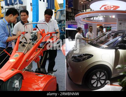 (230918) -- NANNING, 18 septembre 2023 (Xinhua) -- cette photo combinée montre des gens regardant un tracteur à la 5e exposition Chine-ASEAN (L, photo prise par le photographe Xinhua Liu Guangming le 25 octobre 2008) et des gens regardant une voiture à la 20e exposition Chine-ASEAN (R, photo prise par le photographe Xinhua lu Boan le 18 septembre 2023) à Nanning, dans la région autonome de Guangxi Zhuang, dans le sud de la Chine. La 20e exposition Chine-ASEAN se tient à Nanning du 16 au 19 septembre, avec près de 2 000 entreprises présentes. Depuis la première exposition Chine-ASEAN a eu lieu en 2004, l'événement a activement construit une plate-forme pour les entreprises de l'ASEAN Banque D'Images