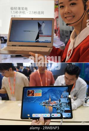 (230918) -- NANNING, 18 septembre 2023 (Xinhua) -- cette photo combinée montre un exposant qui expose un ordinateur portable à la 8e exposition Chine-ASEAN (ci-dessus, photo prise par le photographe Xinhua Zhou Hua le 25 octobre 2011) et des visiteurs regardant une tablette à la 20e exposition Chine-ASEAN (ci-dessous, photo prise par le photographe Xinhua lu Boan le 18 septembre 2023) à Nanning, dans la région autonome de Guangxi Zhuang, dans le sud de la Chine. La 20e Expo Chine-ASEAN se tient à Nanning du 16 au 19 septembre, avec la participation de près de 2 000 entreprises. Depuis la première Expo Chine-ASEAN a eu lieu en 2004, l'événement a activement construit une plate-forme pour ASEA Banque D'Images
