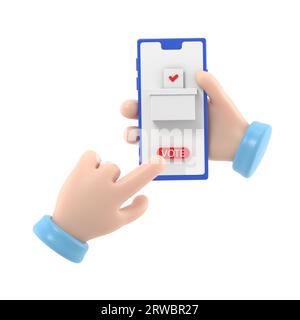 Concept de vote en ligne. style de conception plat d'illustration 3d. Un homme tient un smartphone dans sa main. Faites votre choix. Bulletin, met dans l'urne. Electio Banque D'Images